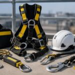 EPI antichute avec harnais, longe, mousquetons et casque de sécurité